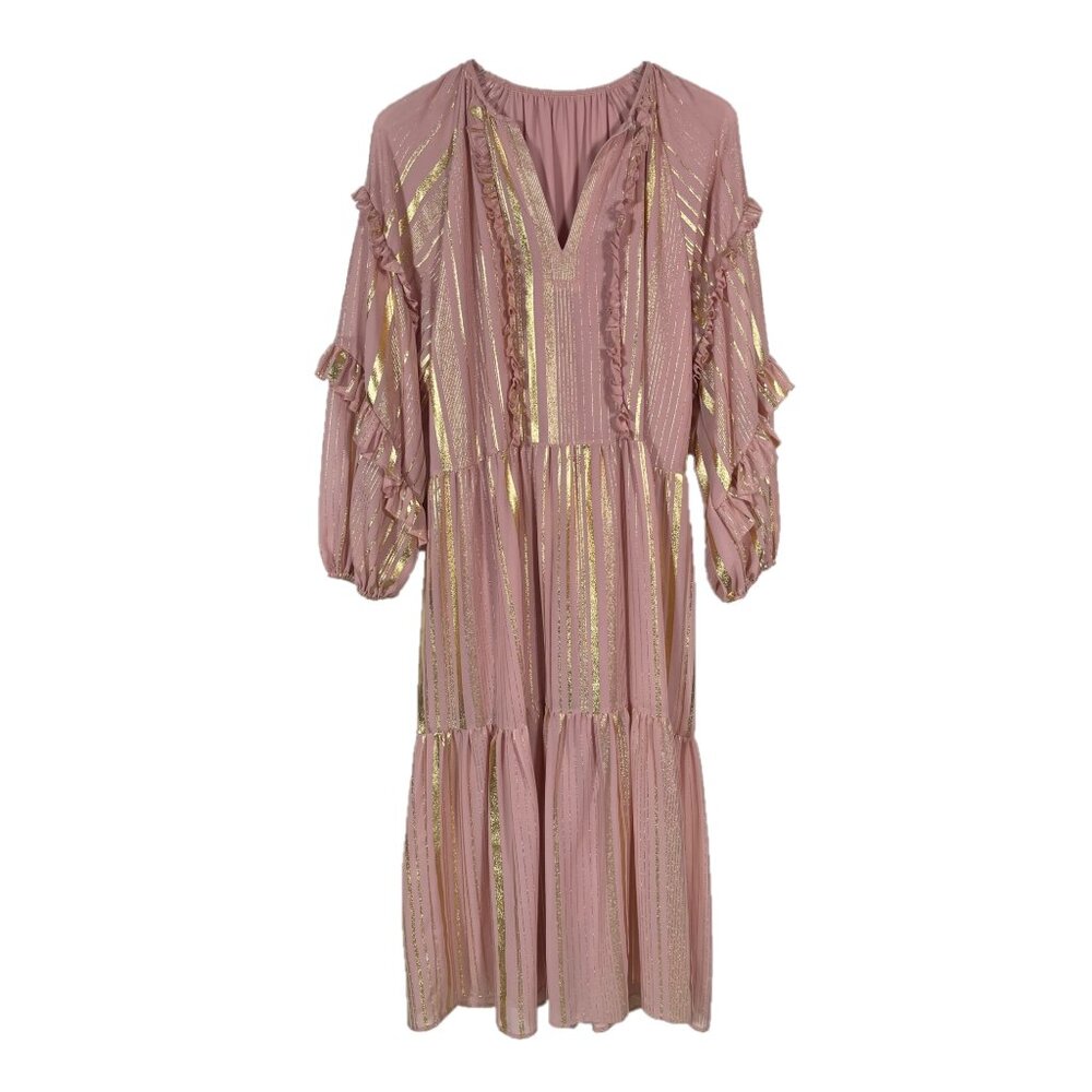 LM Lulu by Patricia Forgeal Chiffon Ruffled Metallic Striped Midi Dress